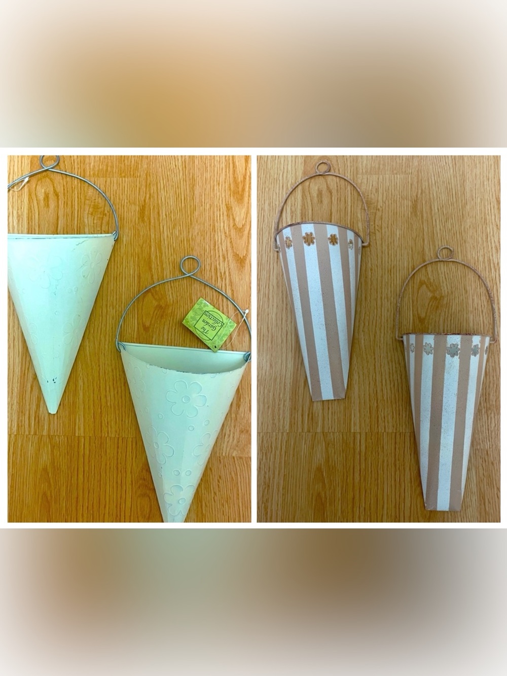 2 Set of Decorative Metal Wall Pocket cones featuring pastel and floral colors